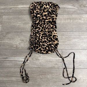 Leopard print ruched strapless bandeau mini dress with adjustable tie straps